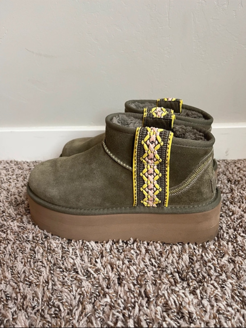 UGG Olive Suede Platform Ankle Boots with Embroidered Strap
